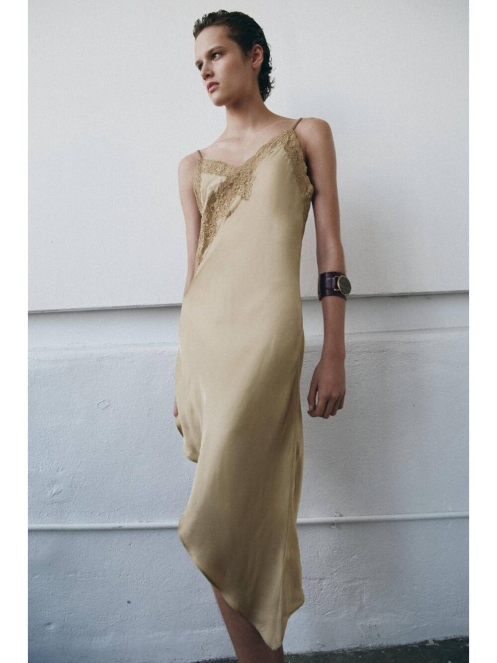 Zara Gold Satin Slip Dress Small Tan Midi Cocktail Satin Finish 6895/053 NWT